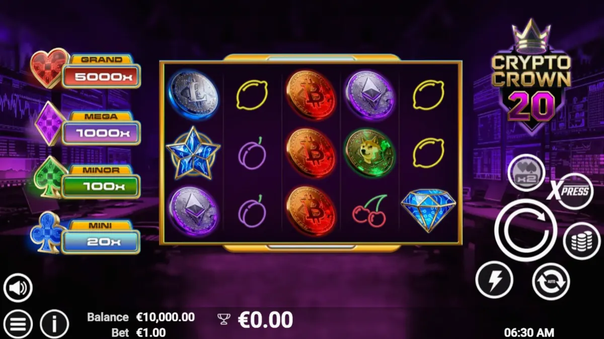 Interface do jogo Crypto Crown 20 com tema de criptomoedas e luzes neon