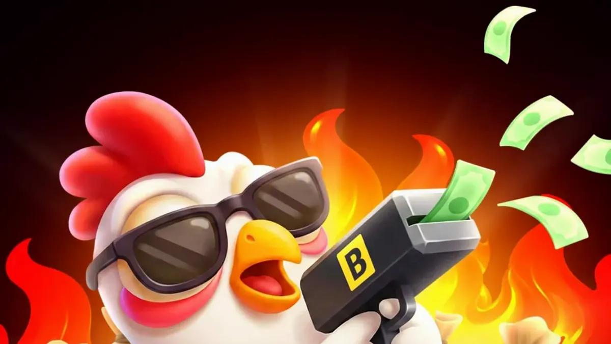 Interface do jogo Chicken Fire com símbolos de frutas e o personagem principal