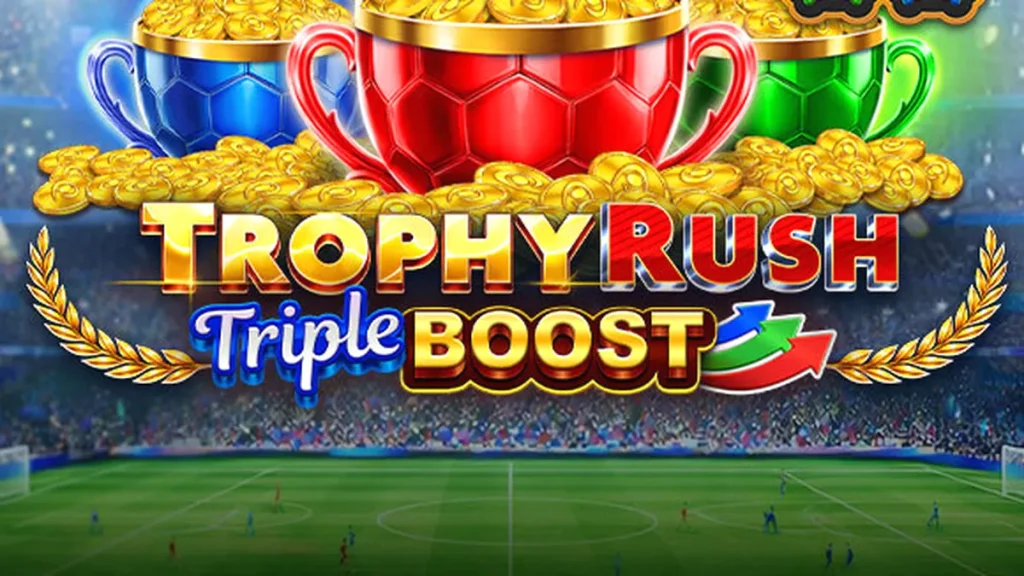 Interface vibrante do jogo Trophy Rush Triple Boost com moedas douradas e elementos de estádio