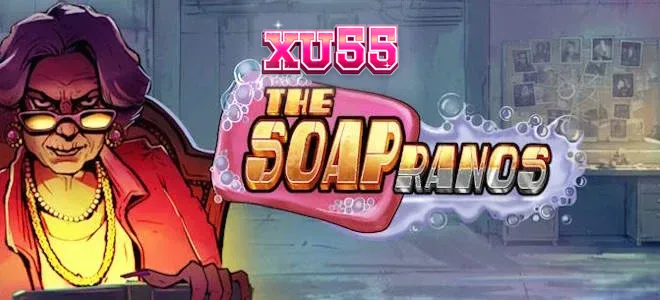 Interface de jogo do slot The Soapranos com luzes neon e elementos temáticos.