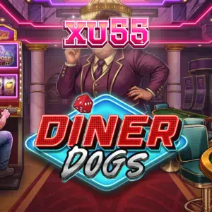 Cena noturna de um diner com personagens estilizados, luzes de néon e uma atmosfera de filme de crime do slot Diner Dogs.